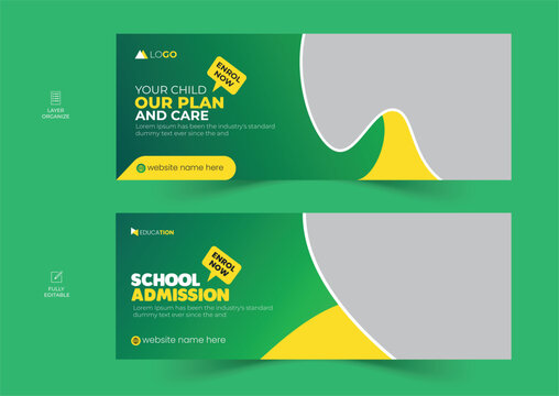School admission facebook cover design set, back-to-school social media banner, online education banner ads template.	
