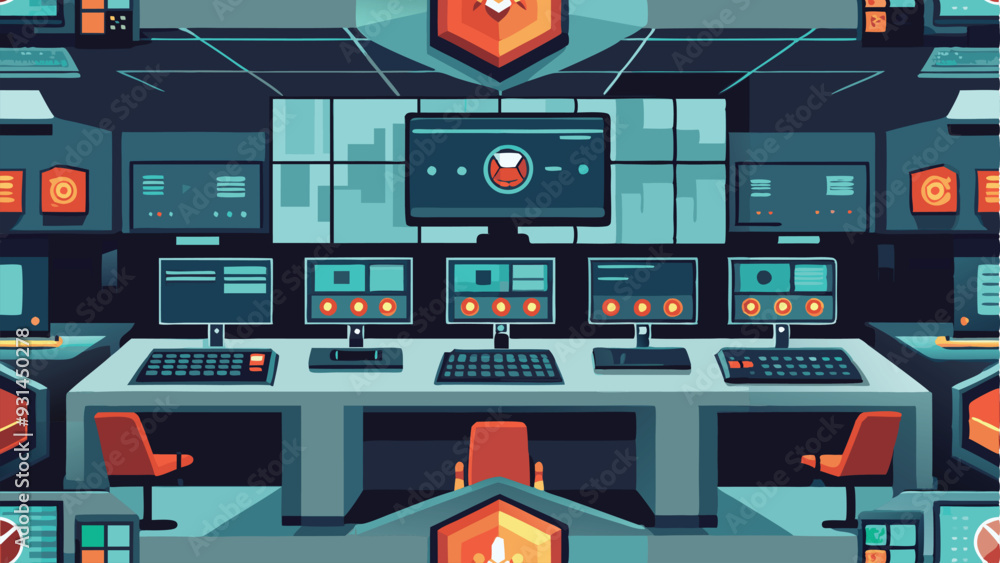 Poster security control room interior with multiple monitors displaying video vector illustration