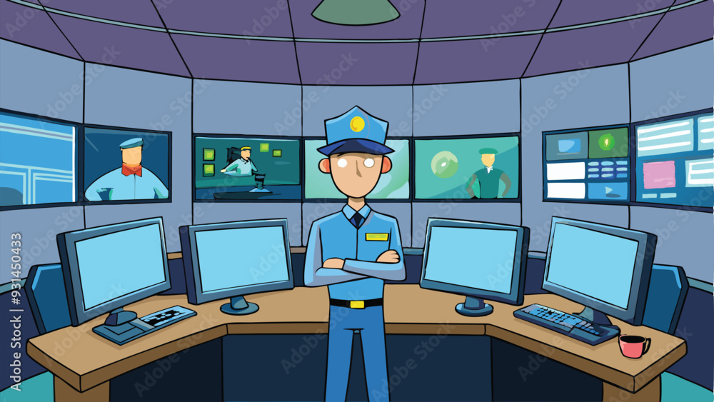 Poster security control room interior with multiple monitors displaying video vector illustration