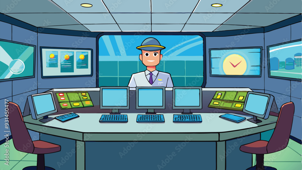 Poster security control room interior with multiple monitors displaying video vector illustration