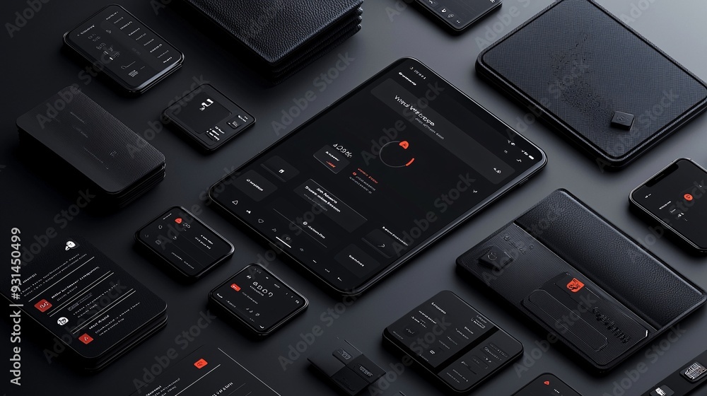 Poster digital wallet interface with a dark mode theme, emphasizing stylish and modern design, wallet dark 