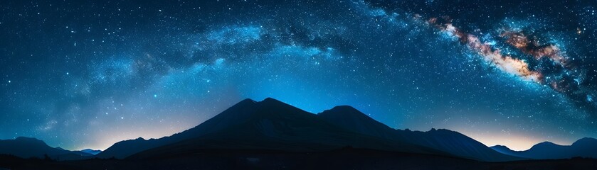 Stunning night sky panorama with the Milky Way over dark mountain silhouettes and a dawn-lit horizon, showcasing the beauty of the galaxy.