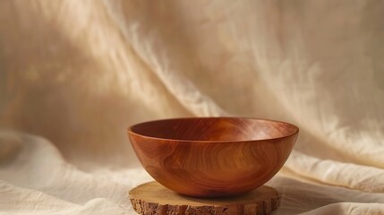 Rustic wood bowl on beige background Minimal mockup background for product presentation Wood board for food products or jewelry : Generative AI