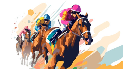 Horse racing tournament flat style colorful vector illustration with 3 jockeys sprinting with horses.