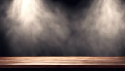 Wooden table top illuminated by two spotlights with smoke or fog in the background.