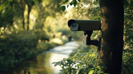 Camouflaged surveillance camera discreetly monitoring a serene forest stream