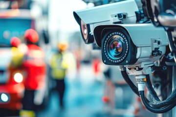 Surveillance cameras monitoring a public area with emergency personnel in the background