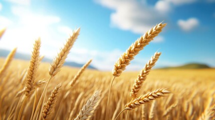 Fototapeta premium Organic wheat field, golden ears swaying in wind, 3D illustration