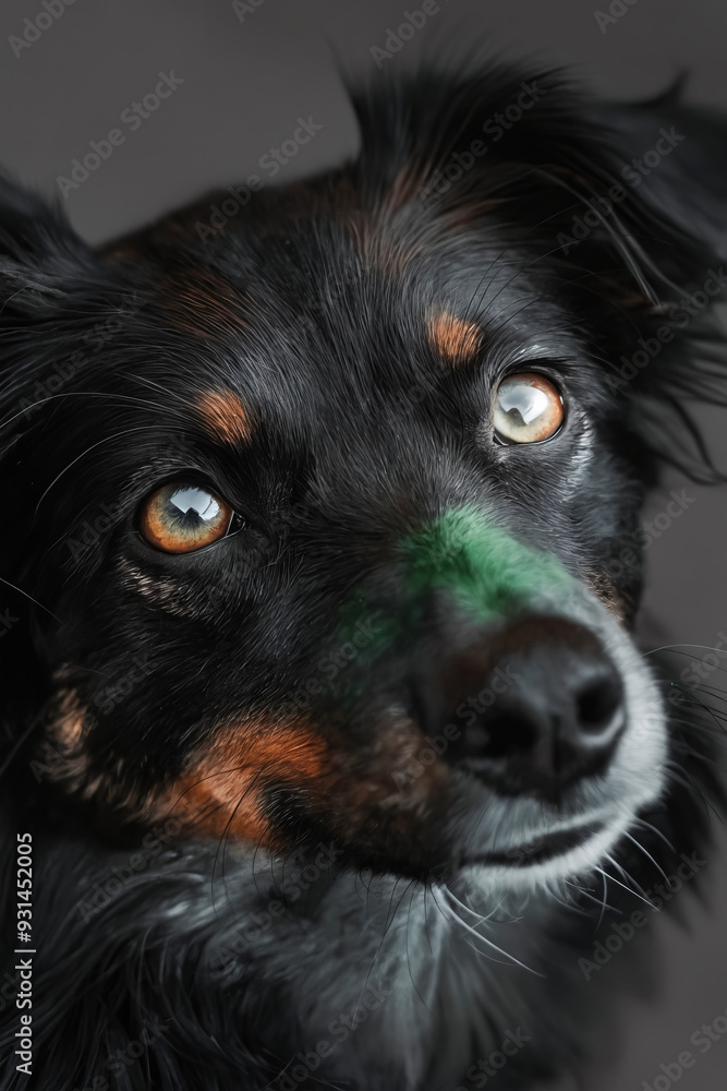 Poster a close up of a dog with green paint on its face