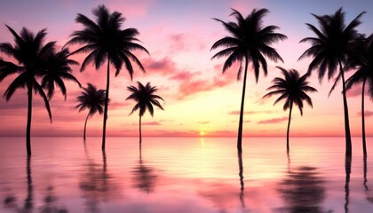 Obraz premium Silhouettes of palm trees against a vibrant pink and orange sunset over calm ocean water.