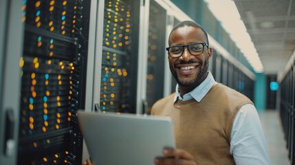 Smiling IT Professional in Server Room Holding Laptop