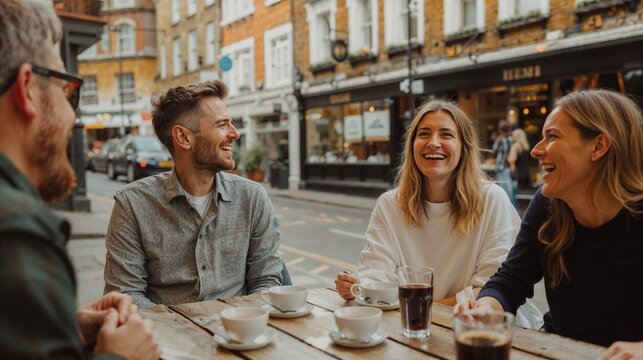 Friends Enjoying Coffee At Outdoor Cafe In York