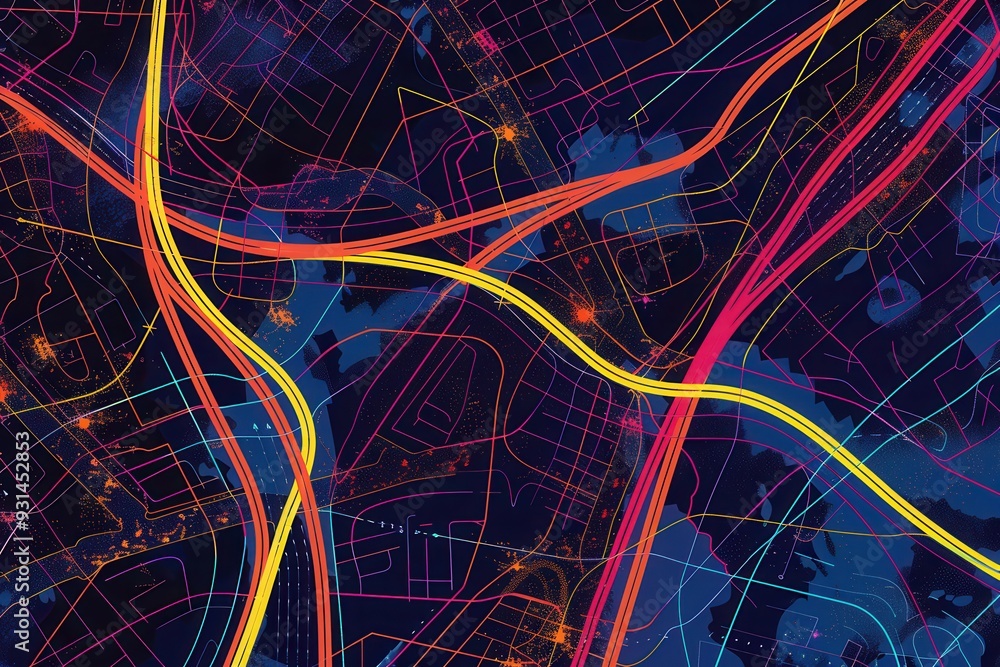 Poster Colorful lines and routes overlay a stylized map, illustrating connectivity and navigation for logistics and transportation services. Generative AI