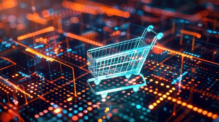 A shopping cart is shown against a blurred background that resembles a circuit board. Generative AI