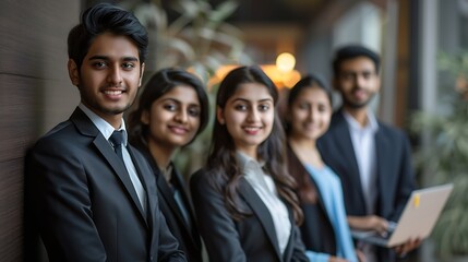 Fototapeta premium Group portrait of Indian asian young business people or executives with laptop and wears suit : Generative AI