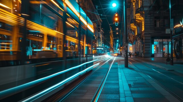 A night scene of a city street with a dynamic blur of a passing tram illuminated by vibrant neon lights, creating a sense of urban energy and motion.