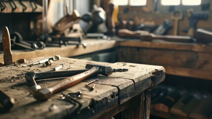 A sunlit workshop filled with an array of woodworking tools and a dusty workbench, embodying the art of traditional craftsmanship and dedication.