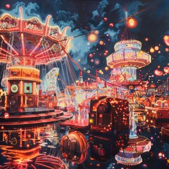 Obraz premium The artwork shows a vibrant carnival at night with colorful lights