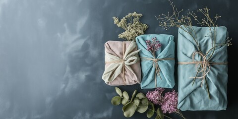 Eco-friendly gift wrapping with reusable fabric and natural decorations, showcasing sustainable practices and minimalistic aesthetics. Concept of furoshiki wrapping and zero waste gifting.