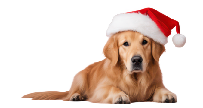 Golden retriever dog wearing a Santa hat isolate on transparent background, looking at the camera, png, cutout