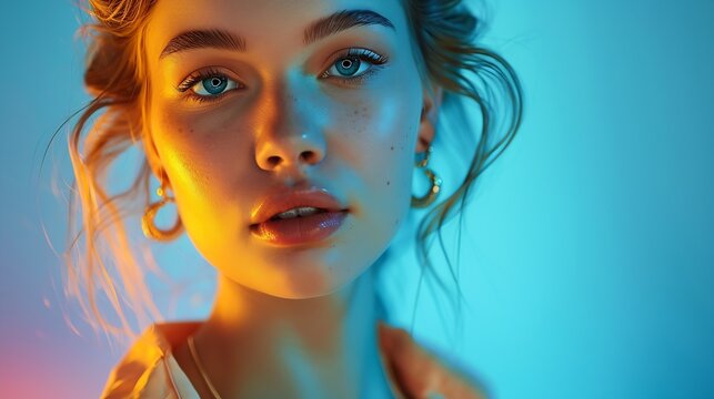 Chic modern style Elegant young woman wearing sarin shirt and golden luxurious jewelry against blue background in neon light Concept of modern fashion trendy style beauty youth culture : Generative AI