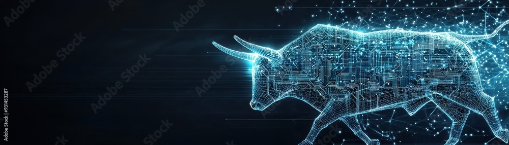 Poster a digitally rendered bull representing strength and determination, set against a dark background fil