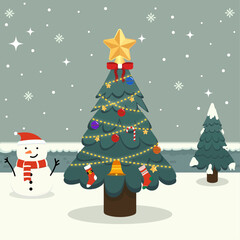 Snowy Christmas Festive Tree and Snowman Vector Art