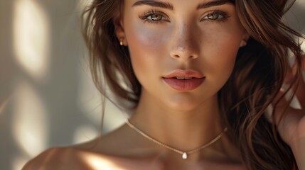 Luxurious jewelry model beautiful woman portrait Brunette woman with long smooth hair and necklace : Generative AI