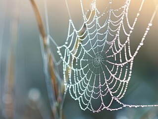 Macro shot of dew on a spider web in the early morning