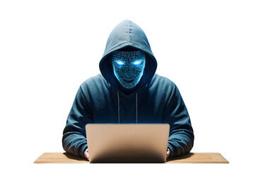 Hacker in Hoodie with Digital Face Code Mask Isolated on Transparent Background