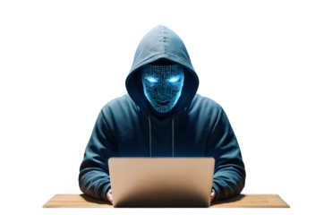 Hacker in Hoodie with Digital Face Code Mask Isolated on Transparent Background