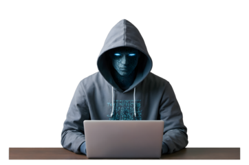Hacker in Hoodie with Digital Face Code Mask Isolated on Transparent Background