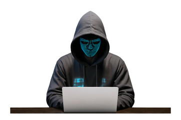 Hacker in Hoodie with Digital Face Code Mask Isolated on Transparent Background