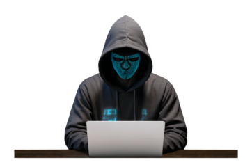 Hacker in Hoodie with Digital Face Code Mask Isolated on Transparent Background