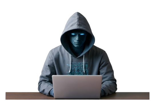 Hacker in Hoodie with Digital Face Code Mask Isolated on Transparent Background