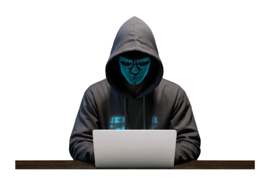 Hacker in Hoodie with Digital Face Code Mask Isolated on Transparent Background