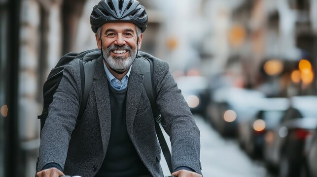 Smiling businessman commuting by bicycle in the city, urban transportation, eco-friendly commute, healthy lifestyle, sustainable living, modern professional, evening ride