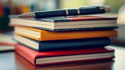 Close-up of Stacked Notebooks with Matching Pen on Top