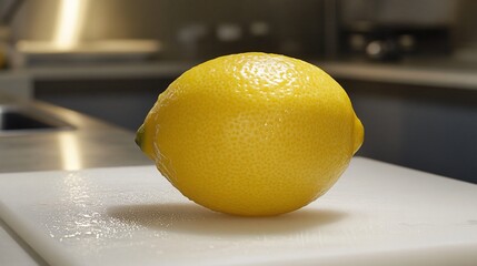 Close-Up of a Vibrant Lemon on a White Cutting Board