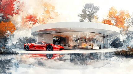 Naklejka premium Red Sports Car Parked in Front of Modern Home in Watercolor Style.