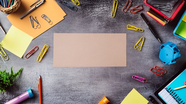 Top view of a desk with scattered office supplies including paper clips sticky notes and pens with an empty area for text