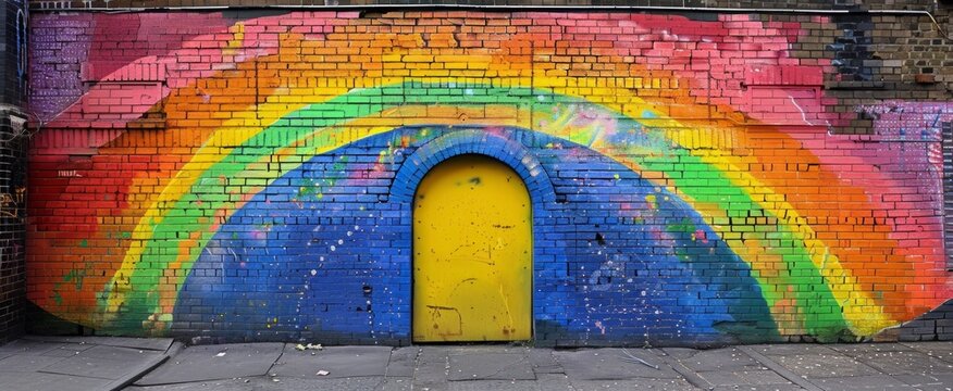 Bright rainbow-painted brick wall with a yellow door, symbolizing urban revitalization, community art, and the transformative power of color