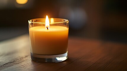 Close-Up of a Lit Candle in a Glass Holder on a Clean Wooden Table