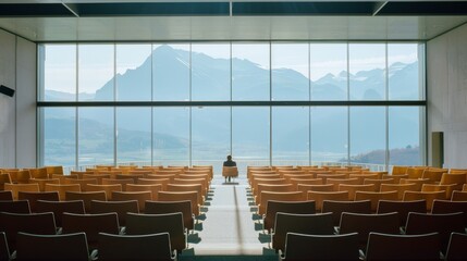 A serene auditorium with a lone person seated, gazing at sweeping mountain vistas through large glass windows, evocative of solitude and reflection.