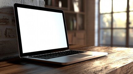 Side View of a Laptop with a Blank Screen on a Polished Wooden Desk