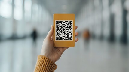 Hand holding card with QR code in modern airport