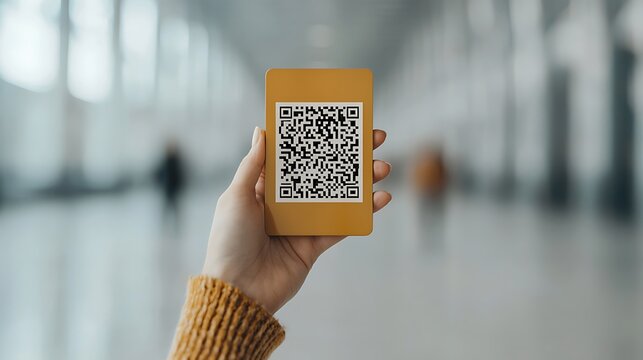 Hand holding card with QR code in modern airport

