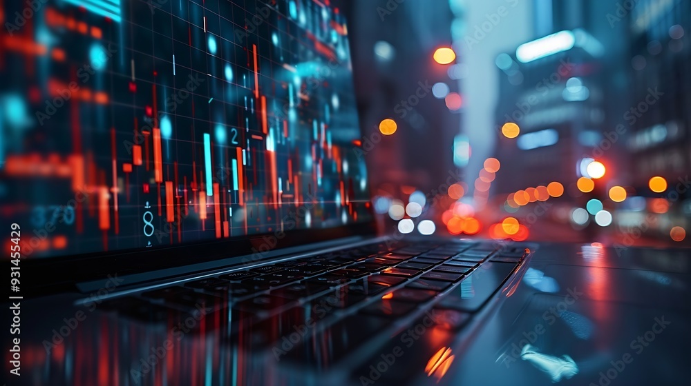 Leinwandbilder A laptop with double exposure of financial graphs symbolizing market analysis on a blurred office background concept of business analytics : Generative AI