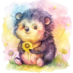 A small black hedgehog with a dandelion in its paws, surrounded by a white background, a cute and romantic watercolor design for a greeting card.