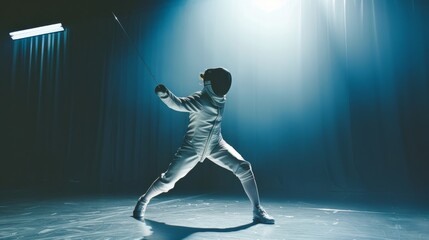 A lone fencer in a dramatic pose prepares for an intense duel in an illuminated arena, showcasing the elegance and focus of the sport.